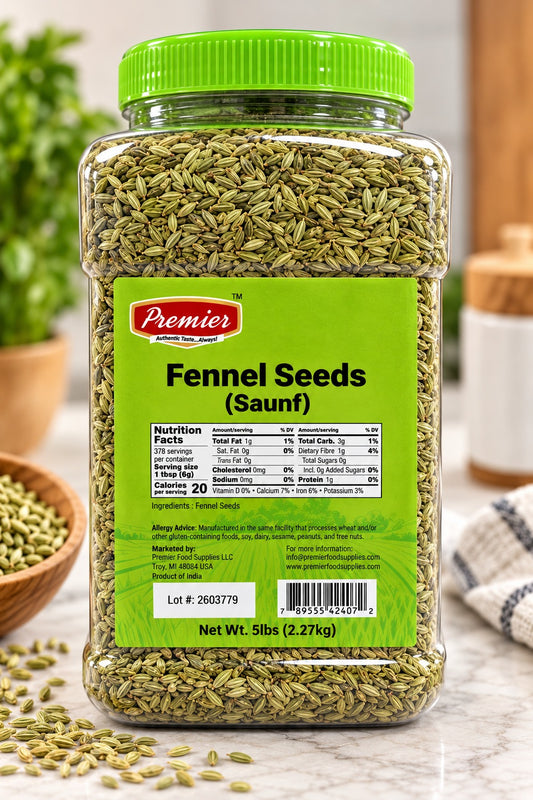 Premier whole Fennel Seeds Saunf in a 5 lb bulk container