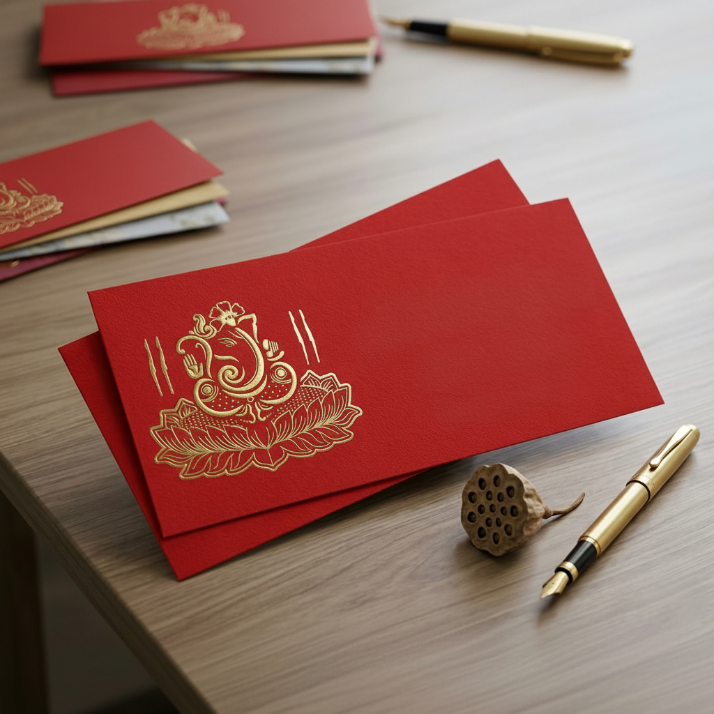 Traditional red shagun envelope featuring a golden Lord Ganesh design on a lotus base, suitable for auspicious occasions.