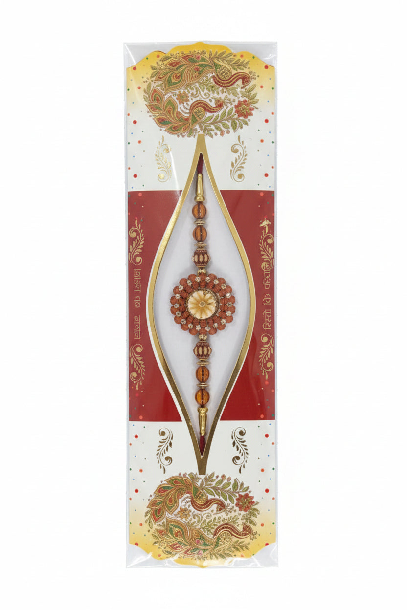 Floral gold and beaded rakhi with decorative centerpiece
