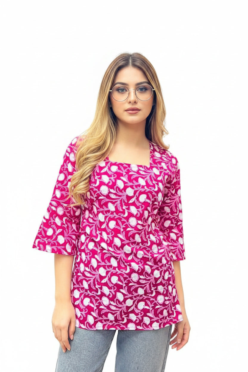 uchsia-pink-cotton-floral-printed-short-kurti-with-square-neck