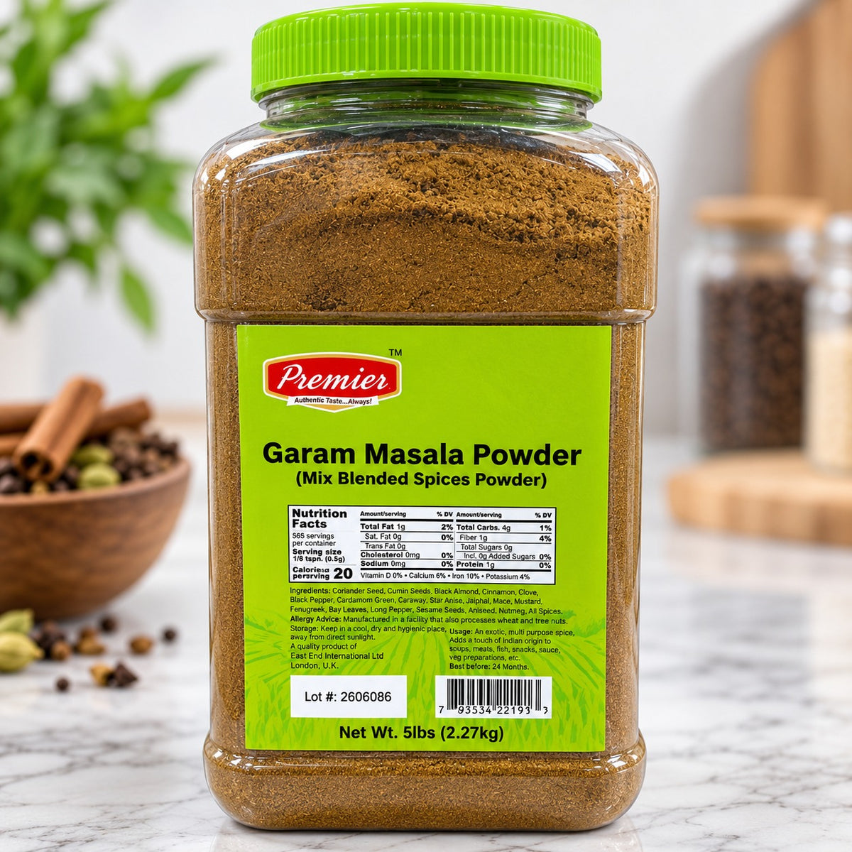 Premier Garam Masala Powder mixed spice blend in a 5 lb bulk container