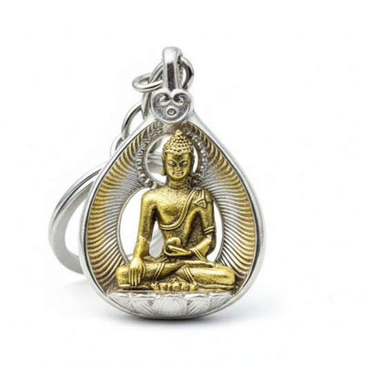 Gautam Buddha meditation keychain with gold-tone seated Buddha figure and decorative silver-tone teardrop frame