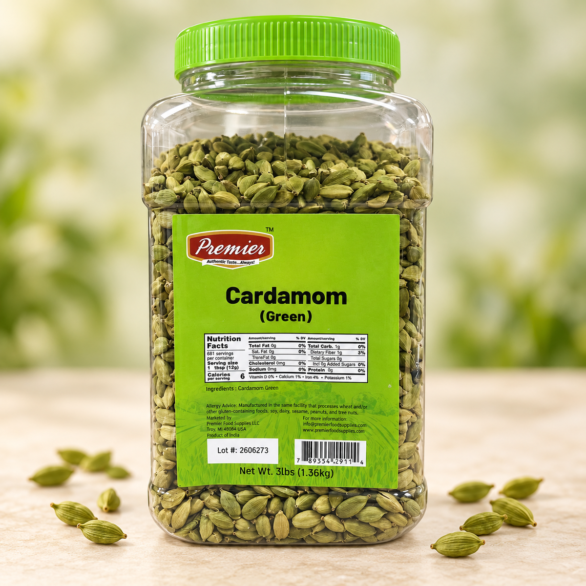 Premier whole green cardamom pods in a 3 lb bulk container