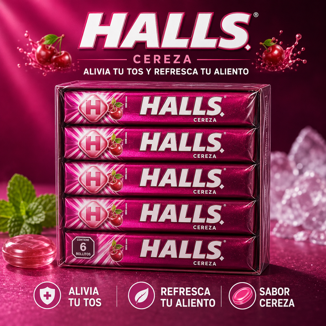 HALLS Cereza Cherry Flavor Cough Drops – 6 Pack