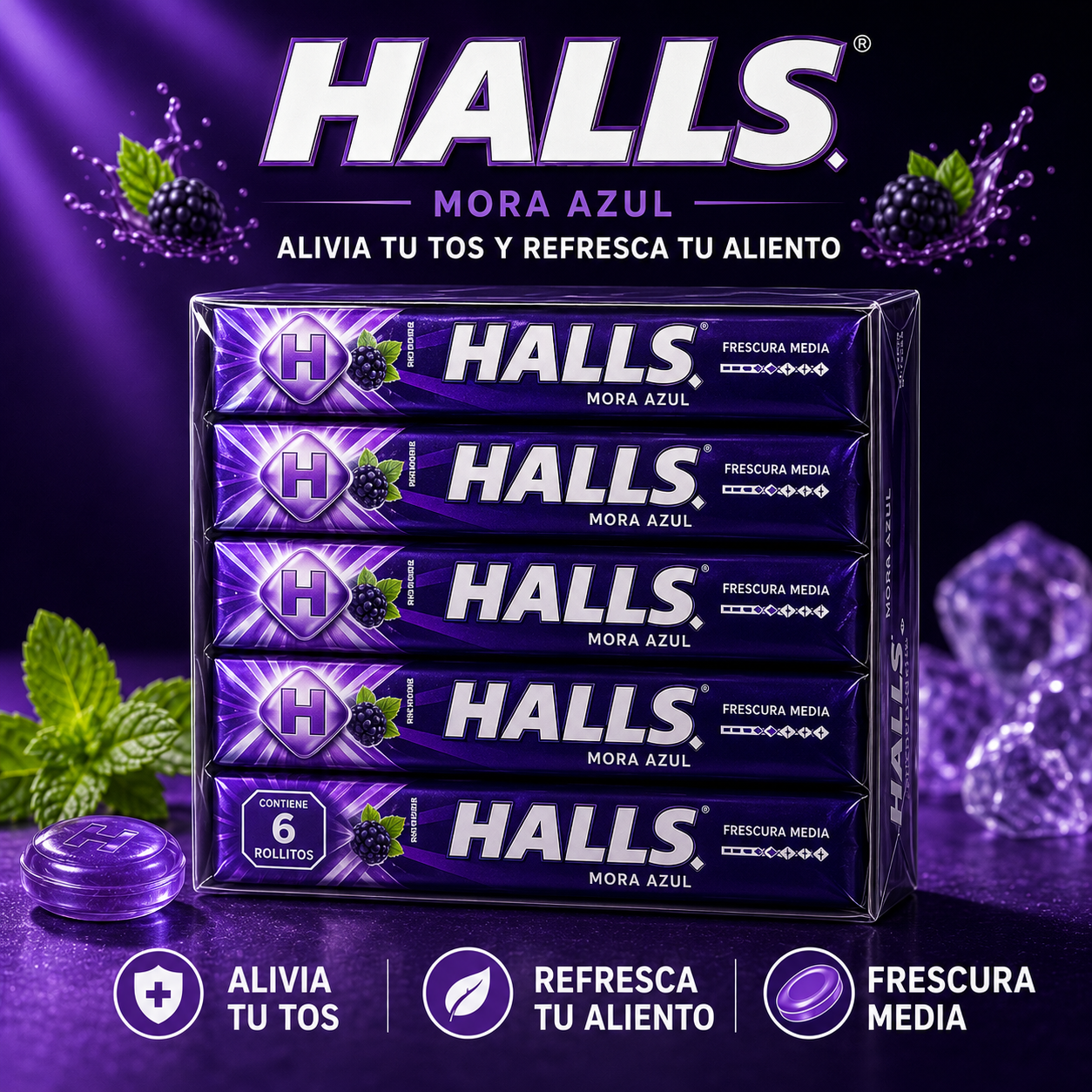 HALLS Mora Azul Blueberry Flavor Lozenges – 12 Pack
