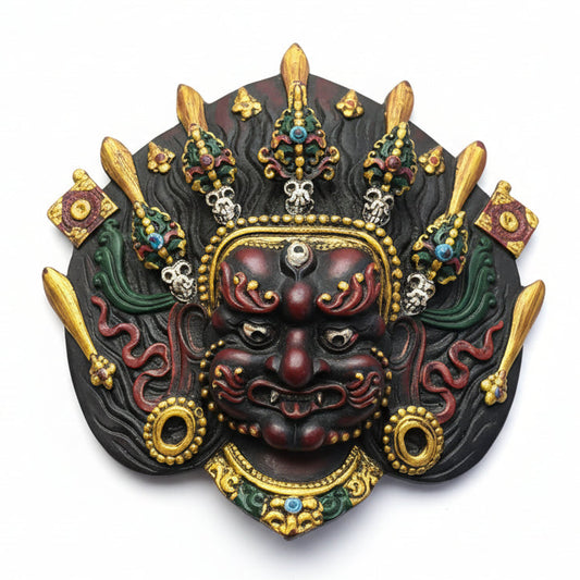 Handcrafted clay Brown Bhairav mask with ornate crown, third eye and colorful traditional Nepali detailing