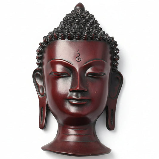 Handcrafted clay Buddha head wall décor with red and antique bronze-tone finish