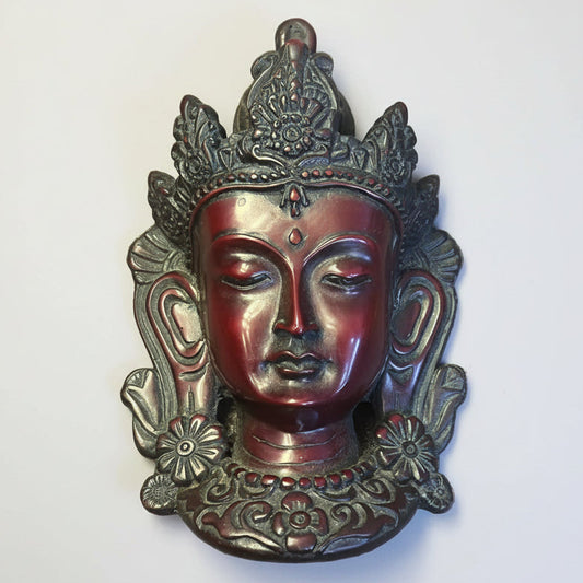 Handcrafted clay Manjushri head wall décor with ornate crown and red-brown antique finish