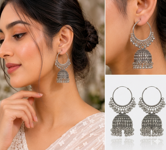 Antique silver loop earrings, Lightweight fusion jhumkas, Traditional Indian hoop jewelry, Tiered ghungroo bells.