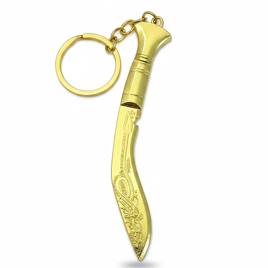 Gold-tone decorative Nepali khukuri keychain with engraved curved blade