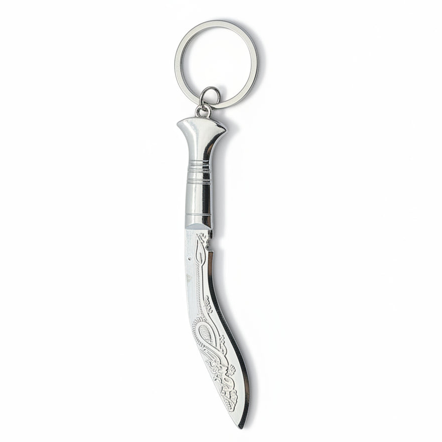 Silver-tone decorative Nepali khukuri keychain with engraved curved blade