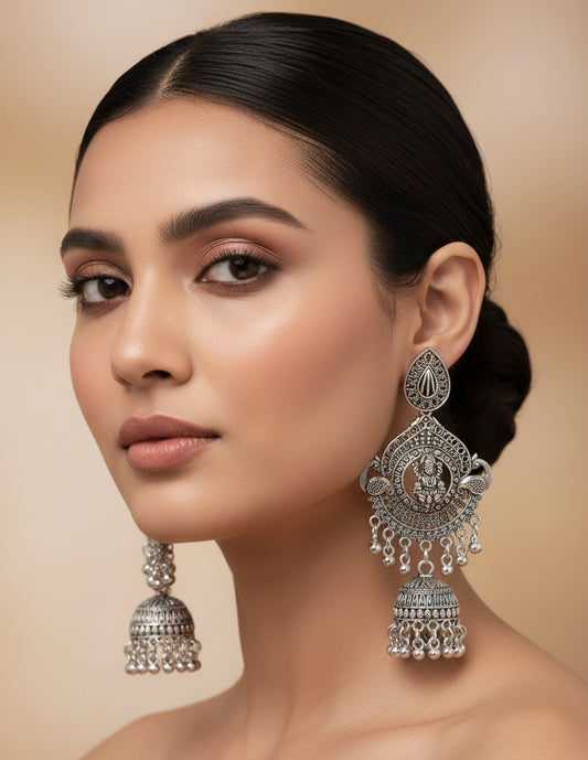Peacock filigree earrings, Statement festive jhumkas, Antique silver temple jewelry, Heavy look lightweight jhumka.