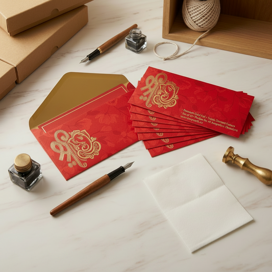 Vibrant red premium shagun envelope with a gold-foiled Lord Ganesh illustration and floral pattern.