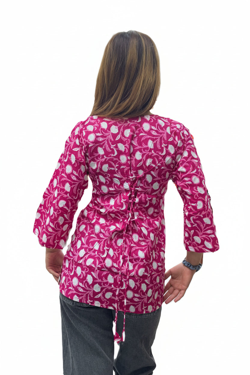 magenta-pink-jaal-print-short-kurta-top-with-flared-bell-sleeves