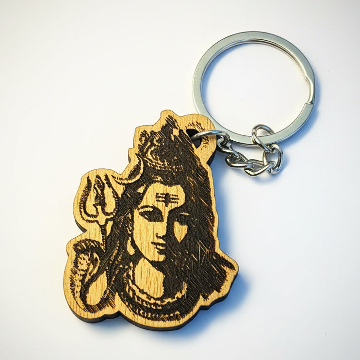 Wooden Lord Shiva Mahadev Keychain – Engraved Spiritual Design