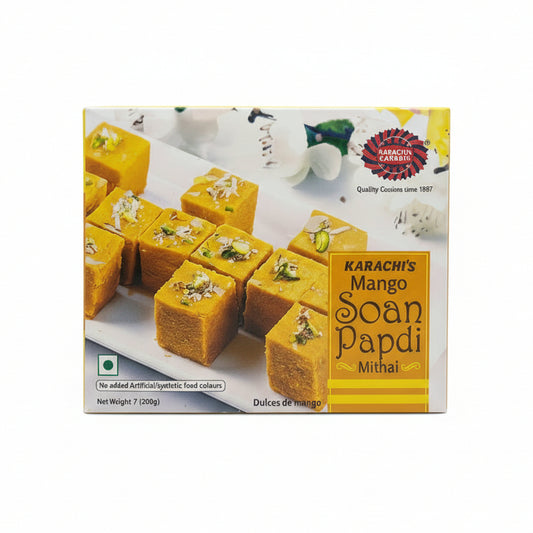 Karachi Bakery Mango Soan Papdi box front with authentic logo and veg mark.