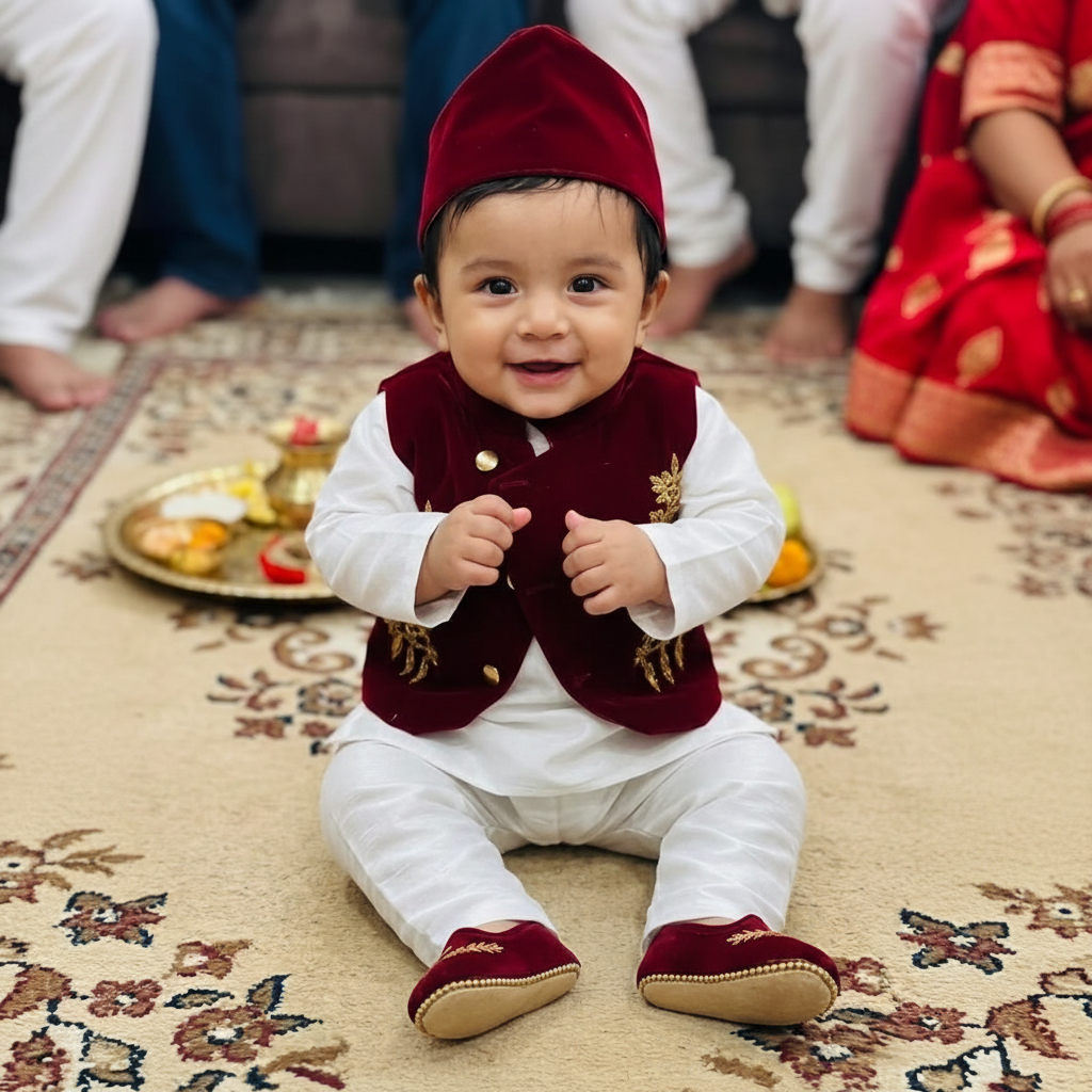 Regal Maroon Velvet Pasni Ensemble – 4-Piece Baby Boy Set