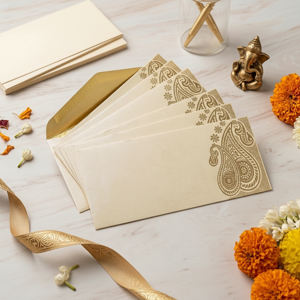 Cream-colored shagun envelope adorned with delicate gold-foiled mehendi-inspired patterns in the corner.
