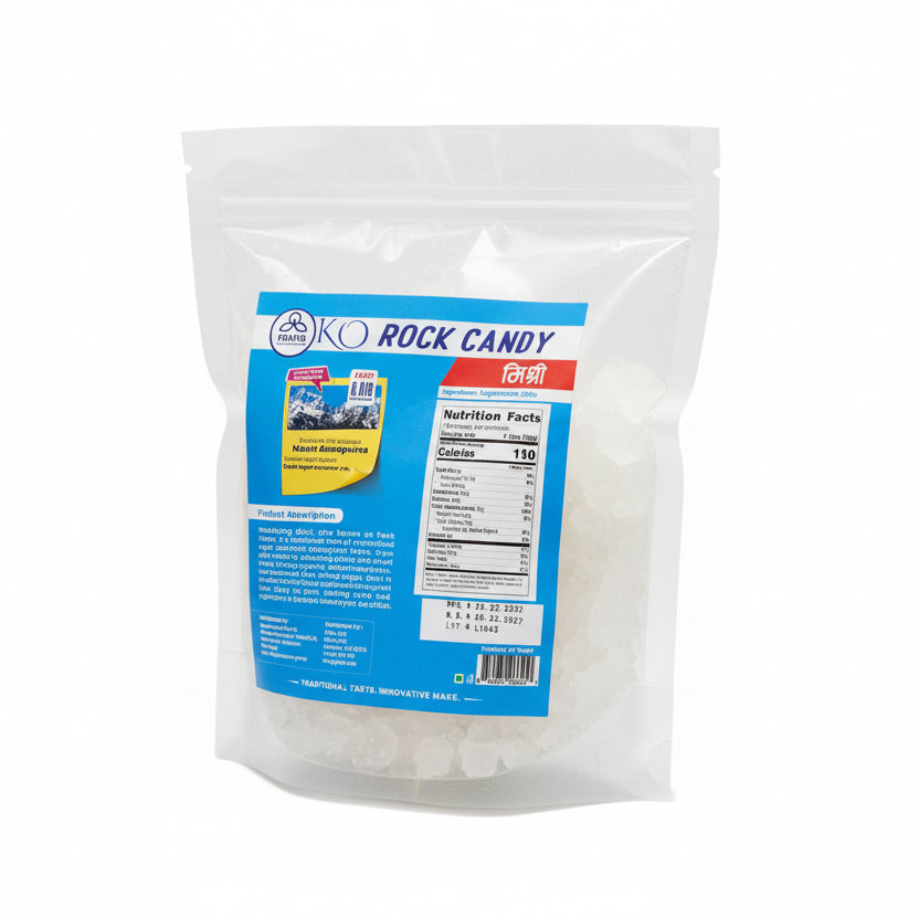 Back label of Mana KO Rock Candy showing nutrition facts, ingredients (sugarcane juice), and a photo of Mount Annapurna.