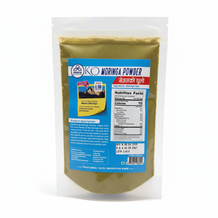 Back label of Moringa Powder showing nutrition facts, product description, and the Mount Cho Oyu fact box.