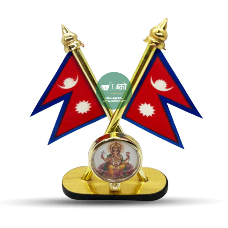 Dashboard stand featuring Nepal flag and Ganesh idol