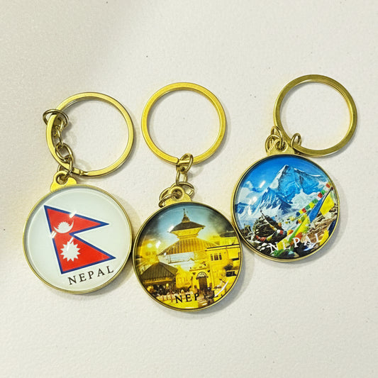 Nepal Souvenir Round Keychains with Flag Pashupatinath Temple and Himalayan Mountain Designs