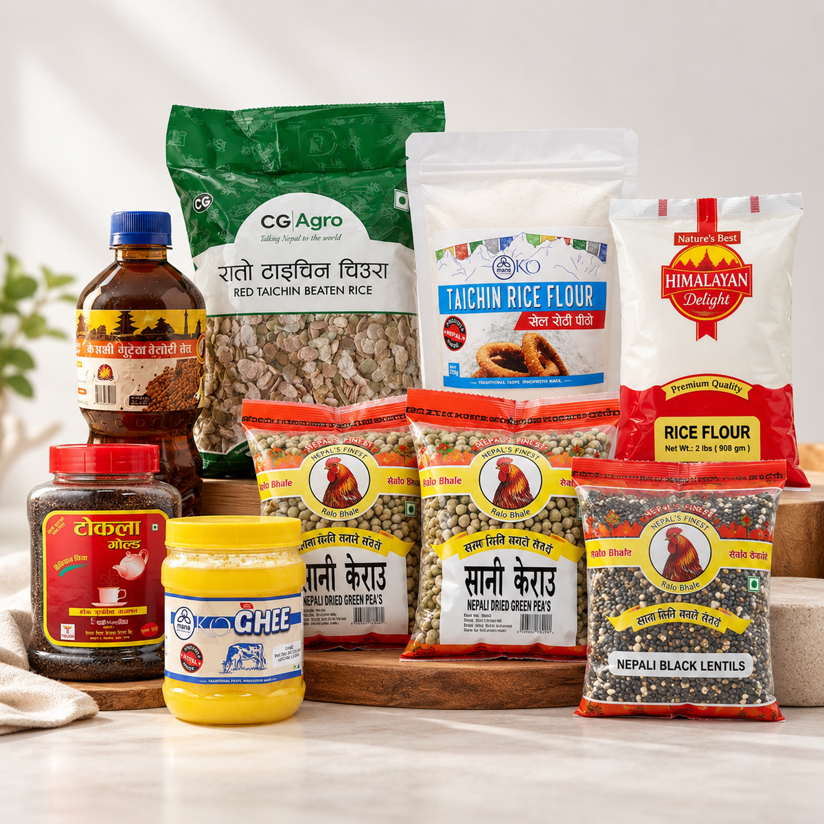 Dashain Family Stock-Up Combo with Nepali pantry essentials including ghee, beaten rice, tea, mustard oil, rice flour, green peas, and black lentils