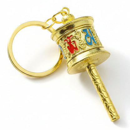 Nepali Golden Buddhist Prayer Wheel Keychain with Colorful Sacred Lettering