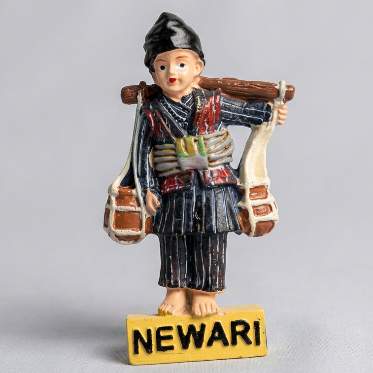 Newari cultural ceramic fridge magnet featuring a traditional Nepali goods carrier with a shoulder pole, hanging baskets, black clothing, and a NEWARI nameplate.