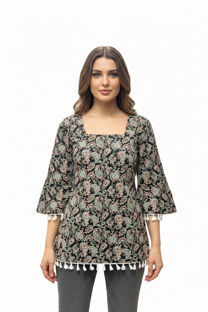 Tassel-Hem Paisley Boho Blouse