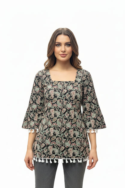 Tassel-Hem Paisley Boho Blouse