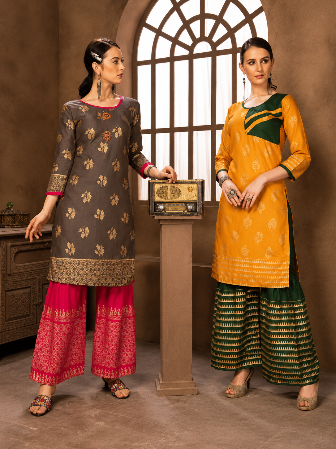 Stylish Gold Print Kurti with Flowing Sharara