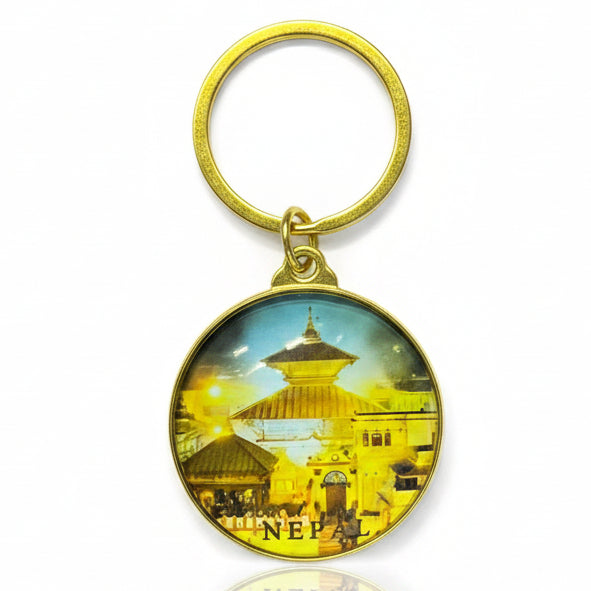 Pashupatinath Temple Nepal Round Souvenir Keychain with Gold-Tone Keyring