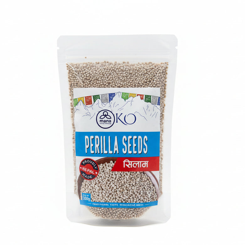 Front packaging of Mana KO Perilla Seeds (Silam) 200g showing the greyish seeds and a sketch of Himalayan peaks.