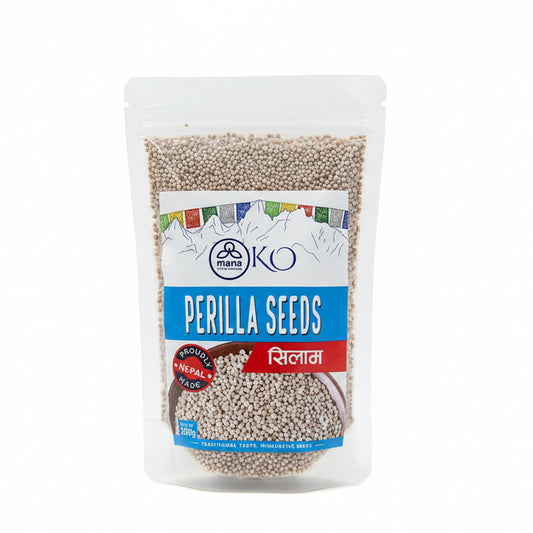 Front packaging of Mana KO Perilla Seeds (Silam) 200g showing the greyish seeds and a sketch of Himalayan peaks.