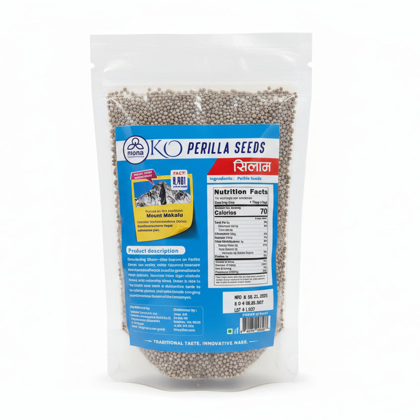 Back label of Silam (Perilla Seeds) featuring a "Know Your Mountains" fact about Mount Makalu and nutritional information.