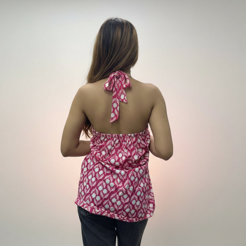Pink floral halter boho chic short kurti back design