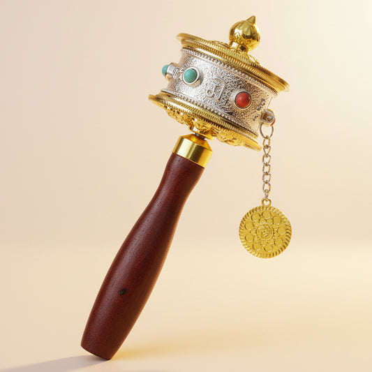 Tibetan Handheld Prayer Wheel with Wooden Handle – Om Mani Padme Hum Design