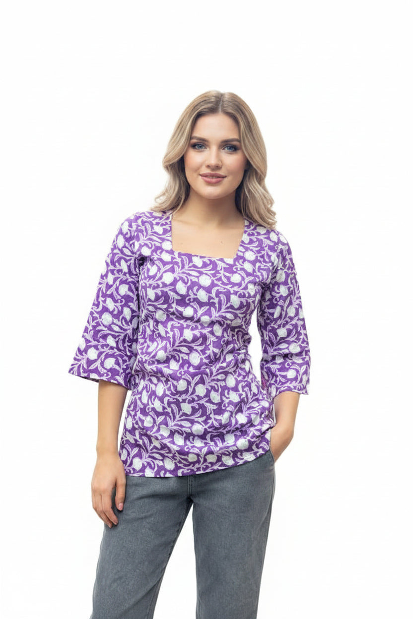 Lavender Botanical Lace-Fitted Short Kurti
