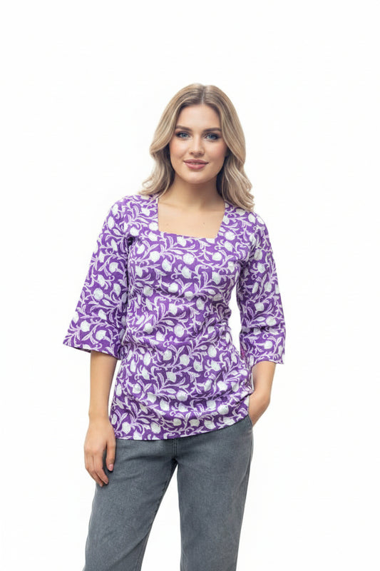 Lavender Botanical Lace-Fitted Short Kurti
