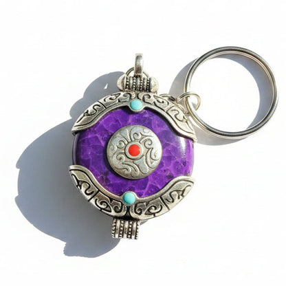 Purple Tibetan Style Round Pendant Keychain with Silver-Tone Decorative Details