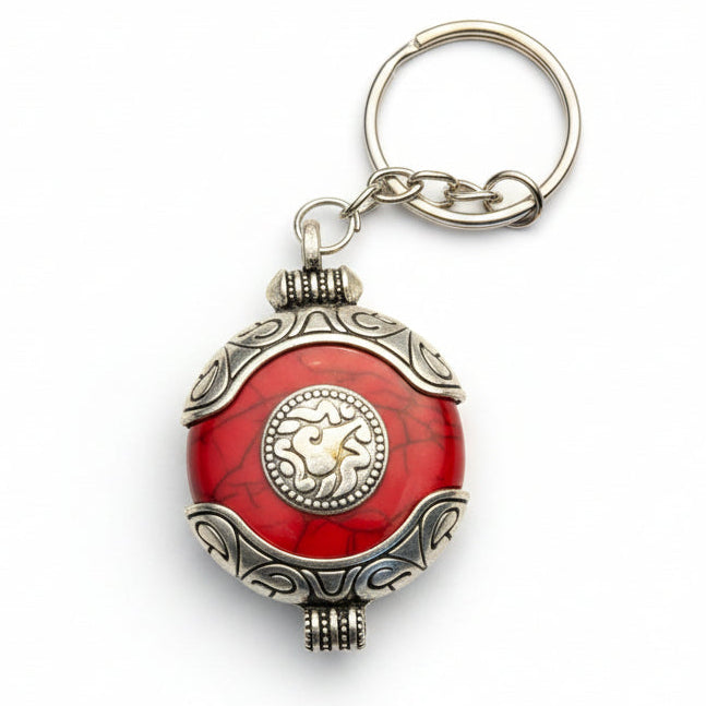 Red Tibetan Style Round Om Pendant Keychain with Silver-Tone Detailing