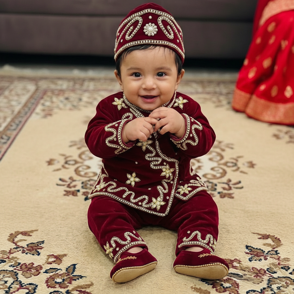Traditional Pasni Dress for Baby Boy: Embroidered Velvet Waistcoat & Kurta Pajama