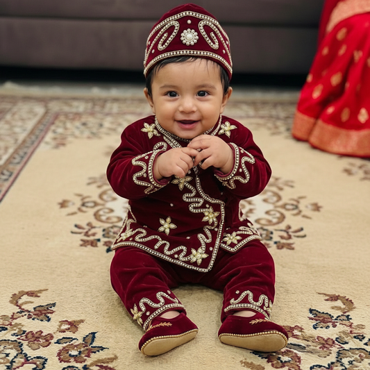 Traditional Pasni Dress for Baby Boy: Embroidered Velvet Waistcoat & Kurta Pajama