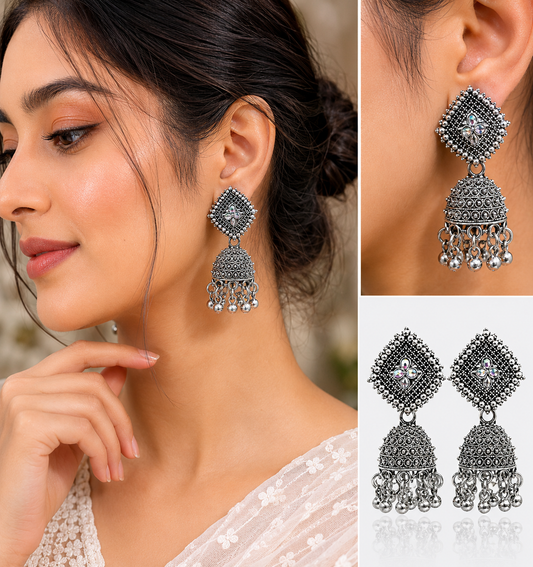 Antique silver bell earrings, Lightweight ethnic jhumka, Indian traditional jewelry, Ghungroo drop earrings.