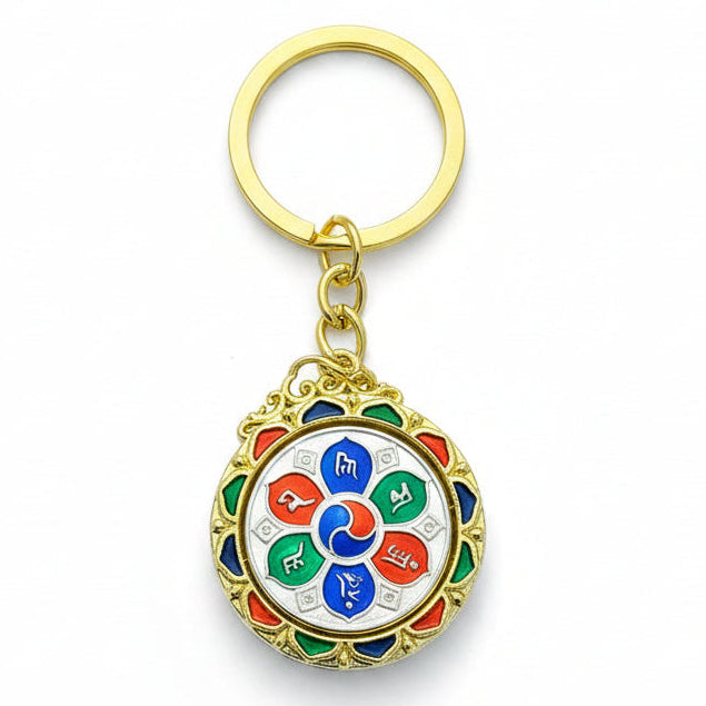 Silver Tibetan prayer wheel keychain with red blue and green symbolic accents