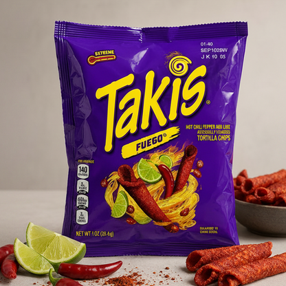 Takis Fuego Hot Chili Pepper and Lime rolled tortilla chips 1 oz package