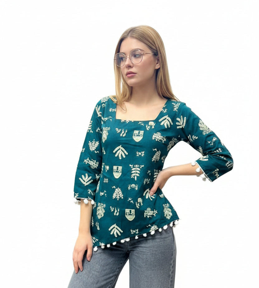 Teal Blue Asymmetrical Short Kurti