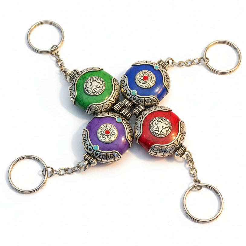 Tibetan Style Round Pendant Keychains in Red Green Blue and Purple Colors