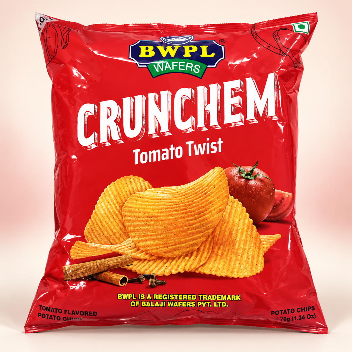 BWPL Crunchem Tomato Twist ridged potato wafers in red package